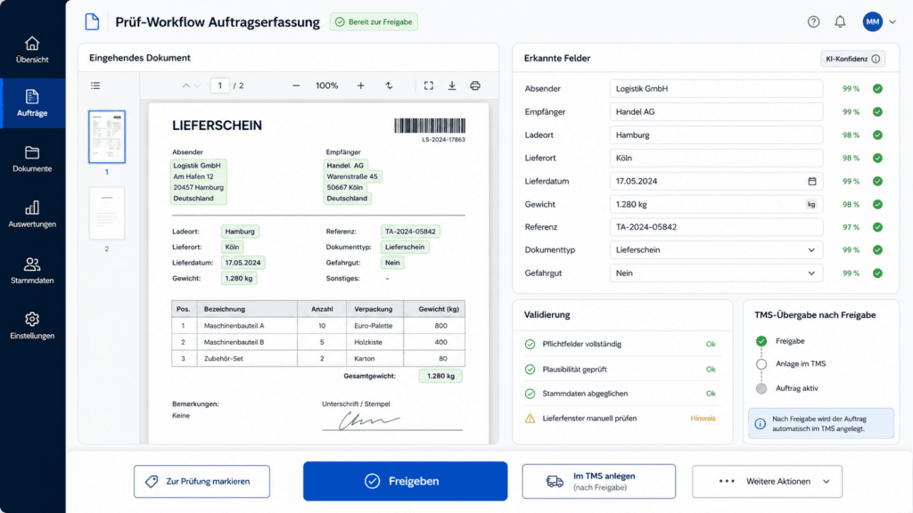 KI Auftragserfassung Spedition mit Validierung vor TMS-Übergabe